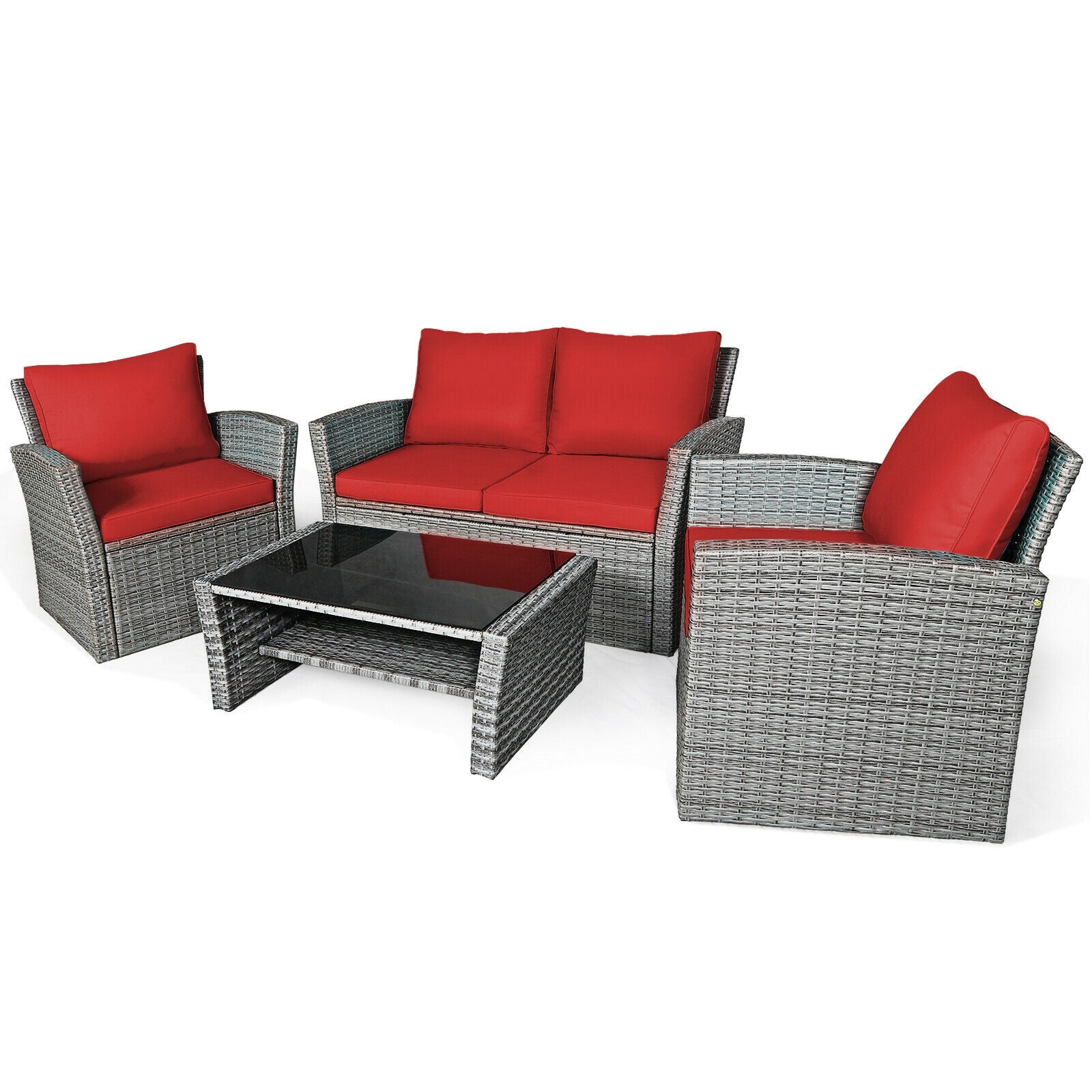 4-Piece Patio Rattan Furniture Set with Cushions, Table & Storage Shelf - Red. The elegant setup includes a loveseat and two armchairs with vibrant red cushions and a modern coffee table, ideal for outdoor gatherings and enjoying sunny days.