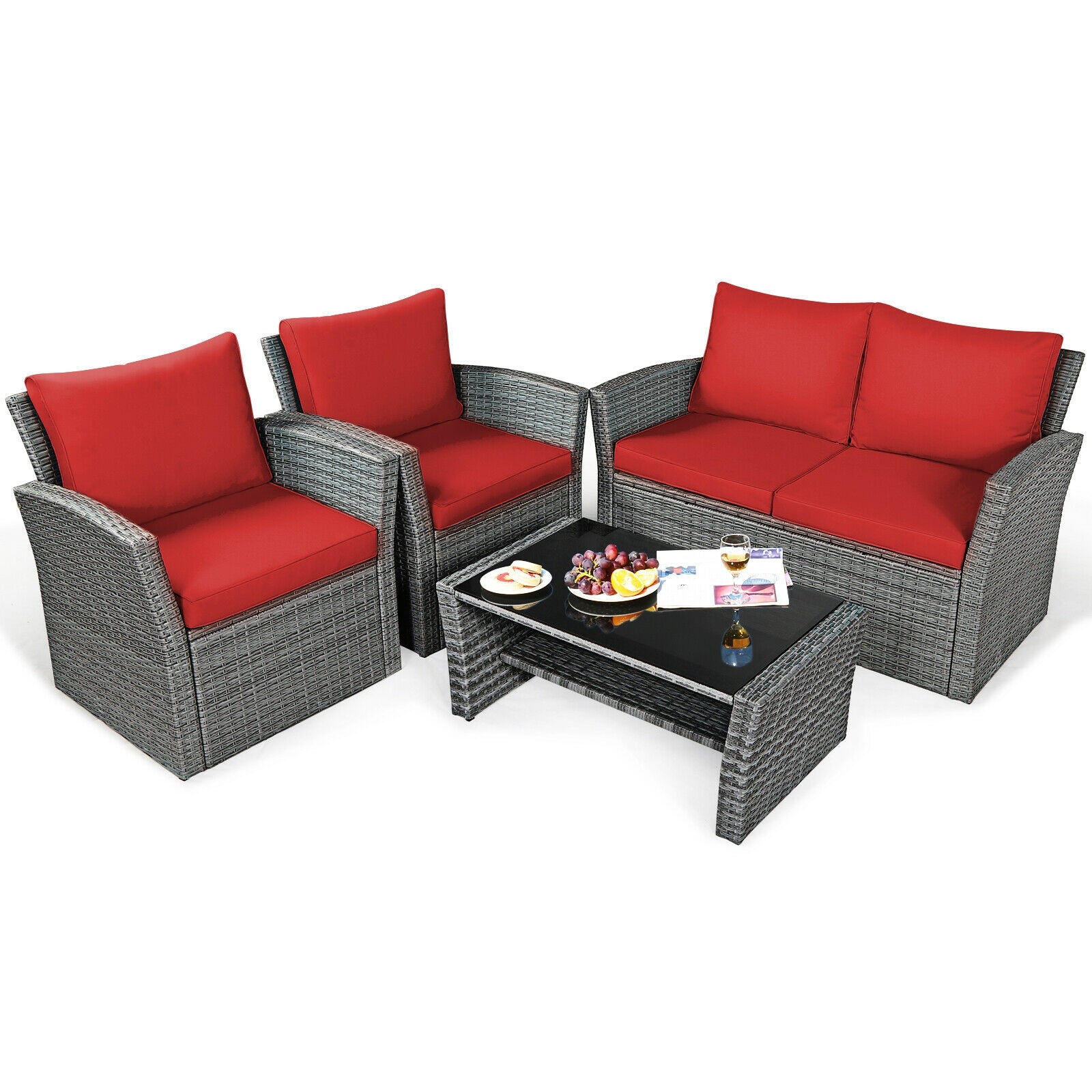 4-Piece Patio Rattan Furniture Set with Cushions, Table & Storage Shelf - Red. This stylish outdoor furniture set features two armchairs and a cozy loveseat with red cushions, along with a functional coffee table, perfect for relaxing in your garden or patio.