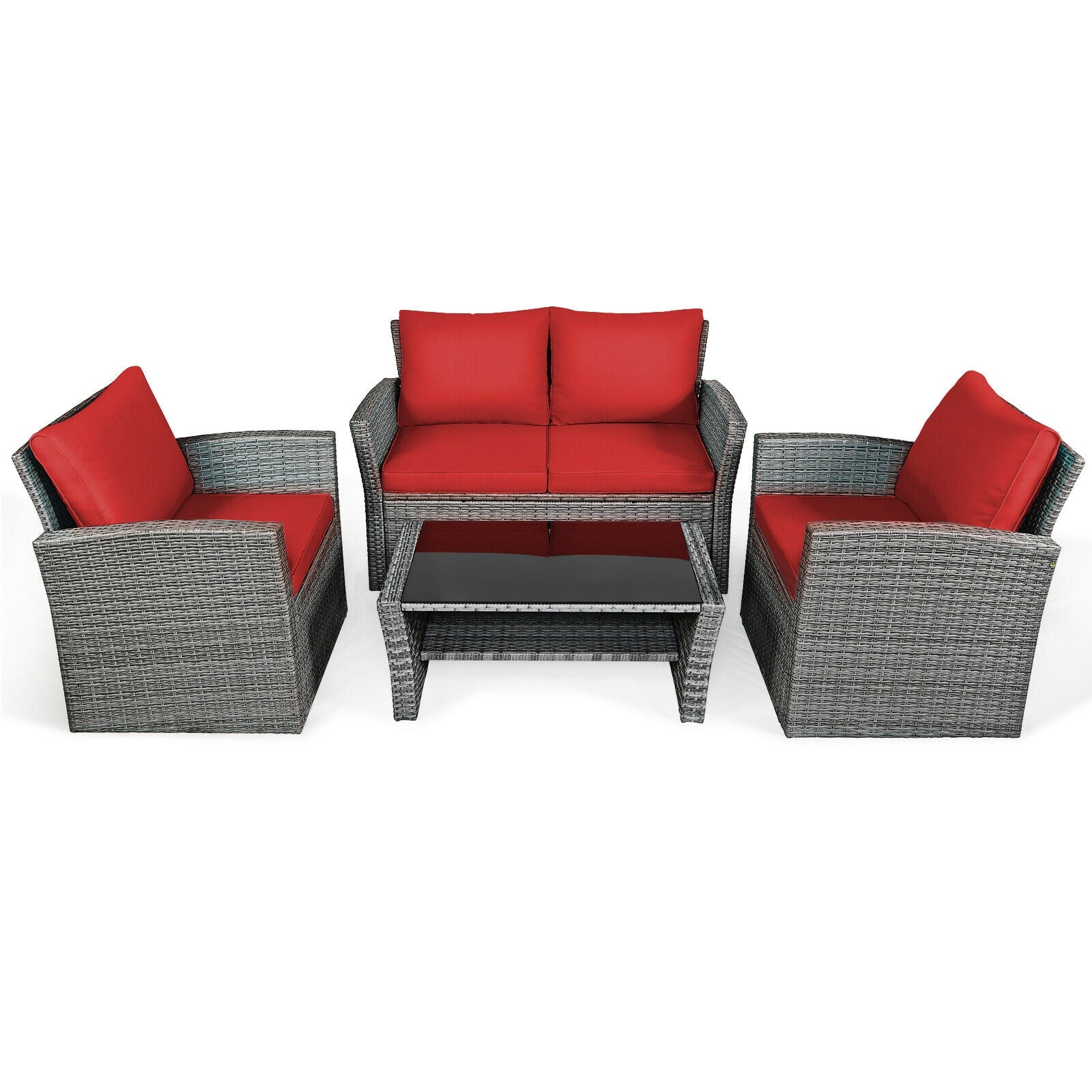 4-Piece Patio Rattan Furniture Set with Cushions, Table & Storage Shelf - Red featuring a cozy loveseat, two armchairs, and a stylish coffee table with a tempered glass top.