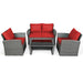 4-Piece Patio Rattan Furniture Set with Cushions, Table & Storage Shelf - Red featuring a cozy loveseat, two armchairs, and a stylish coffee table with a tempered glass top.