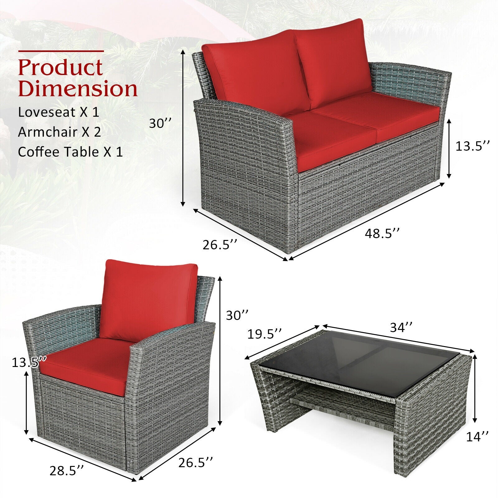 4-Piece Patio Rattan Furniture Set with Cushions, Table & Storage Shelf - Red showing dimensions for the loveseat, armchairs, and coffee table, highlighting their size for outdoor spaces.