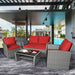 4-Piece Patio Rattan Furniture Set with Cushions, Table & Storage Shelf - Red arranged in a modern outdoor setting by a pool, perfect for relaxing and entertaining.