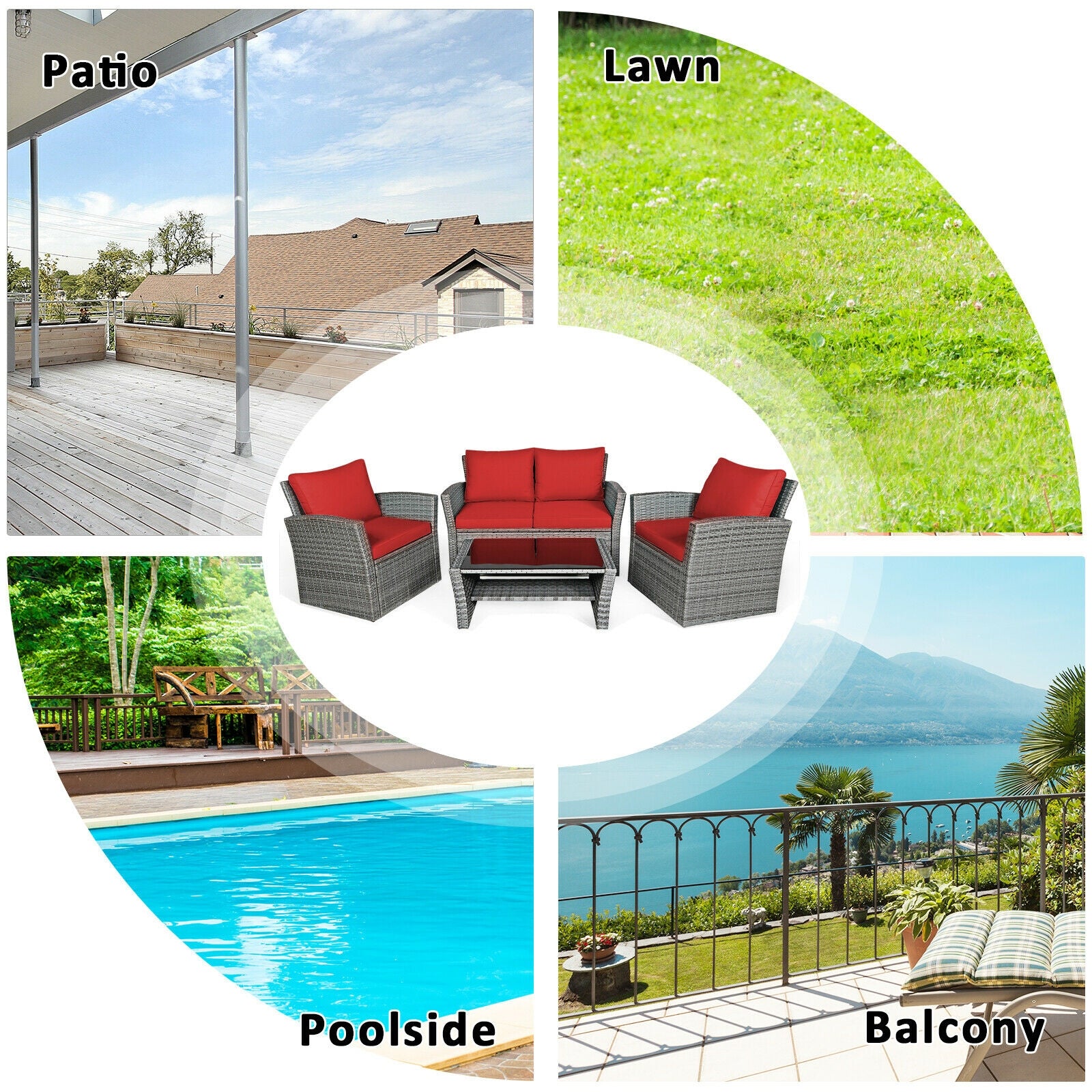Versatile 4-Piece Patio Rattan Furniture Set by Dream Yard Oasis showcased in various outdoor locations, ideal for patios, lawns, poolside, and balconies.