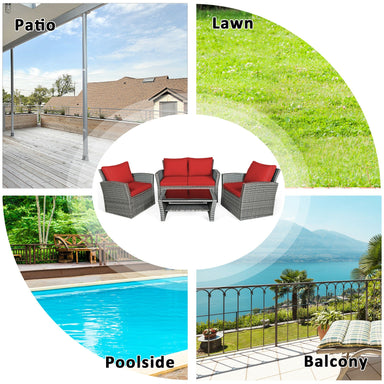 Versatile 4-Piece Patio Rattan Furniture Set by Dream Yard Oasis showcased in various outdoor locations, ideal for patios, lawns, poolside, and balconies.