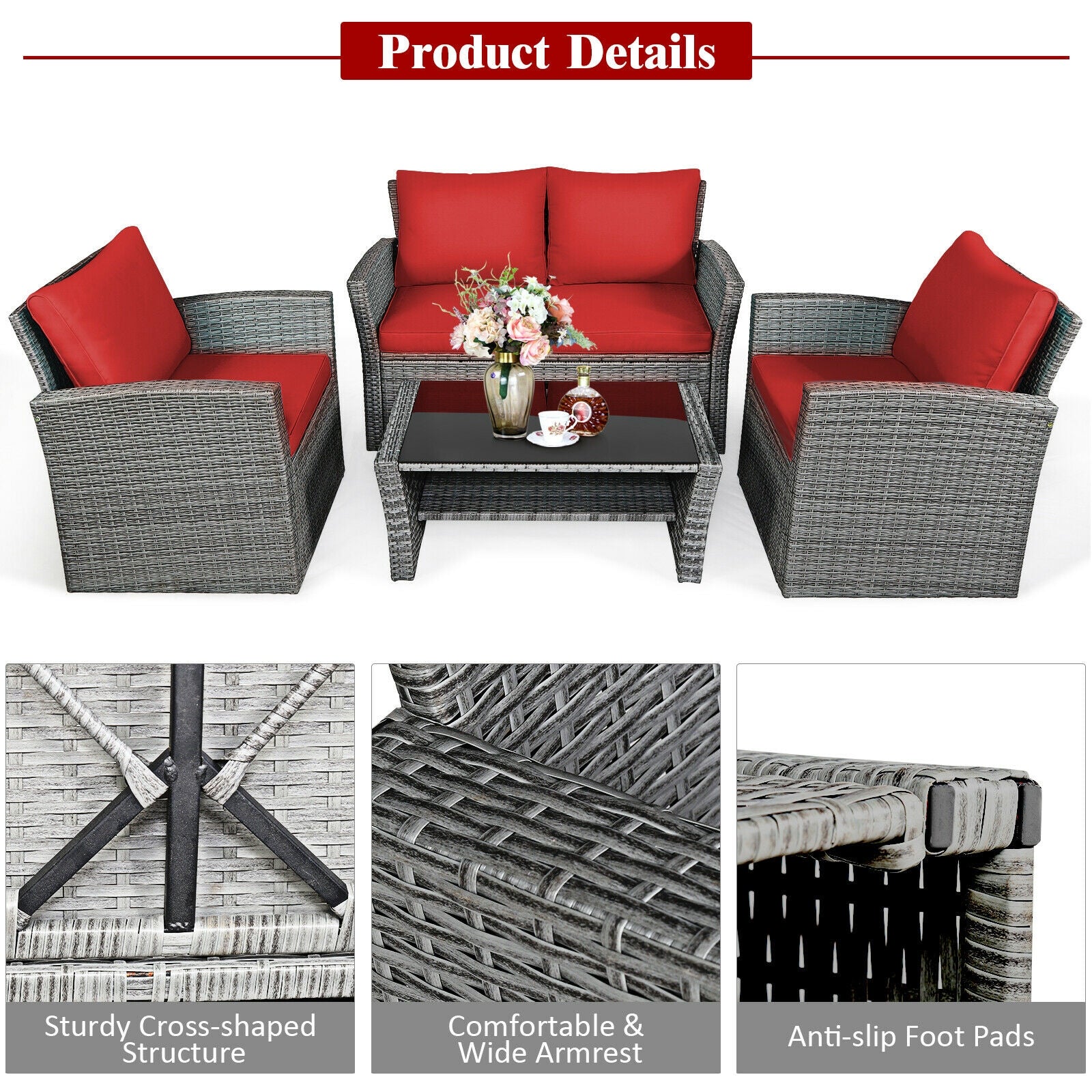 4-Piece Patio Rattan Furniture Set with Cushions, Table & Storage Shelf - Red providing product details including a sturdy design, wide armrests, and anti-slip foot pads.