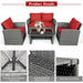 4-Piece Patio Rattan Furniture Set with Cushions, Table & Storage Shelf - Red providing product details including a sturdy design, wide armrests, and anti-slip foot pads.