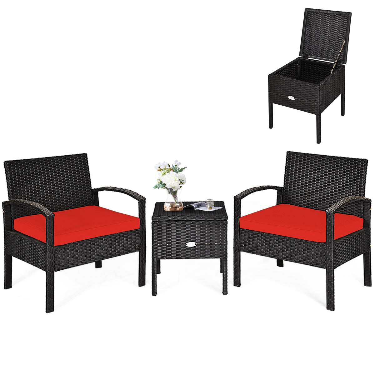 Close-up of the 3 Piece PE Rattan Wicker Sofa Set, highlighting the snug red cushions and the functional coffee table with hidden storage.