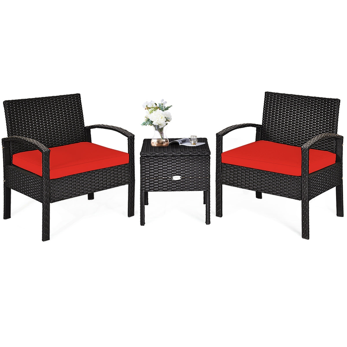 Stylish 3 Piece PE Rattan Wicker Sofa Set featuring two chairs and a table, showcasing red cushions against a white background.