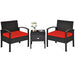 Stylish 3 Piece PE Rattan Wicker Sofa Set featuring two chairs and a table, showcasing red cushions against a white background.