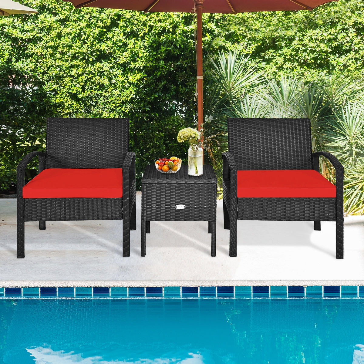3 Piece PE Rattan Wicker Sofa Set by the poolside, with red cushions enhancing its contemporary look for outdoor gatherings.