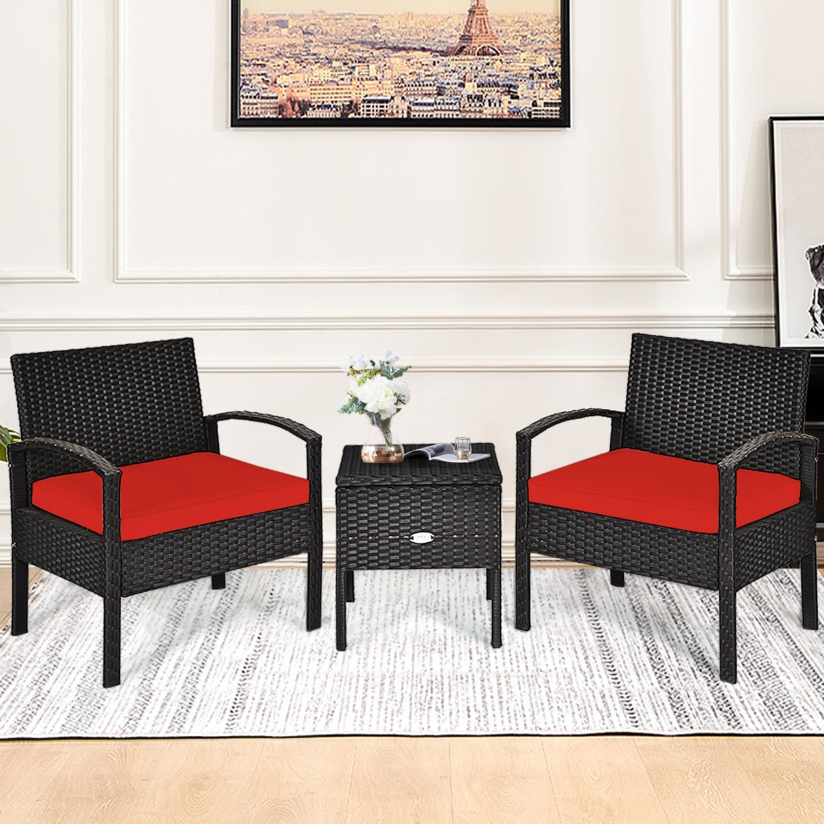 Elegant indoor setup of the 3 Piece PE Rattan Wicker Sofa Set with red cushions, perfect for living rooms or sunrooms.