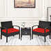 Elegant indoor setup of the 3 Piece PE Rattan Wicker Sofa Set with red cushions, perfect for living rooms or sunrooms.