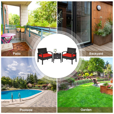 3 Piece PE Rattan Wicker Sofa Set placed in various outdoor settings including patio, backyard, poolside, and garden, showcasing versatility for outdoor relaxation.