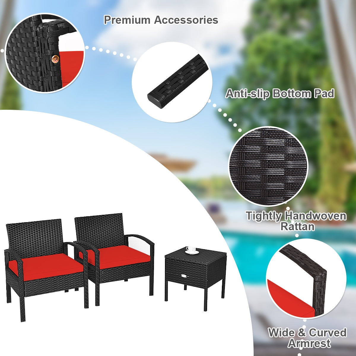3 Piece PE Rattan Wicker Sofa Set featuring a stylish design with red plush cushions and a coffee table, perfect for outdoor relaxation.