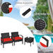 3 Piece PE Rattan Wicker Sofa Set featuring a stylish design with red plush cushions and a coffee table, perfect for outdoor relaxation.