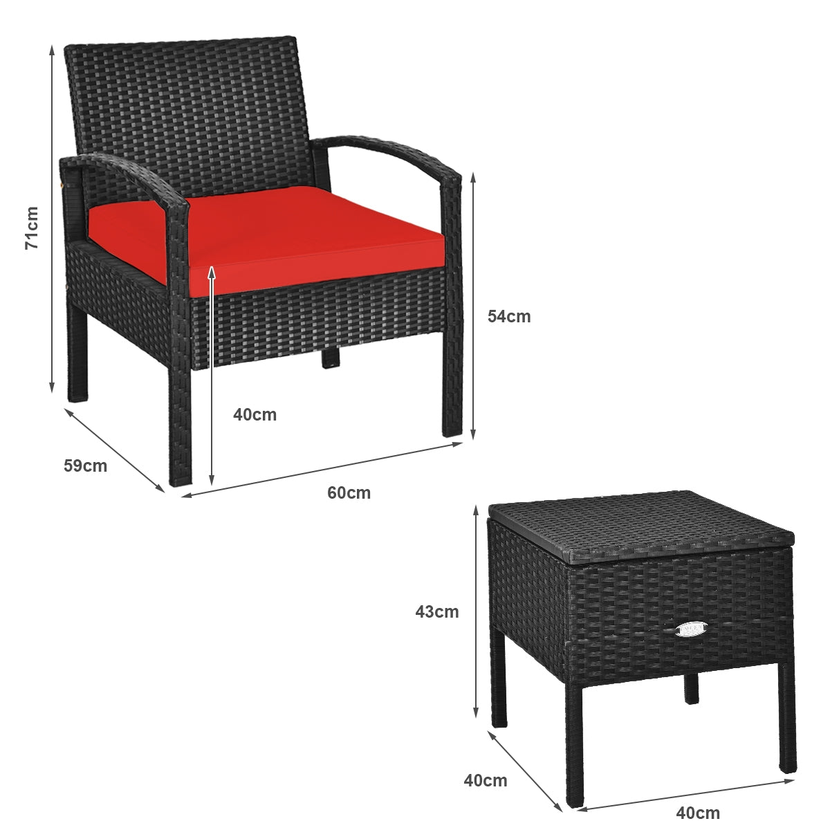 Dimensions of the 3 Piece PE Rattan Wicker Sofa Set, displaying the sizes of the chairs and table, perfect for fitting in any outdoor space.