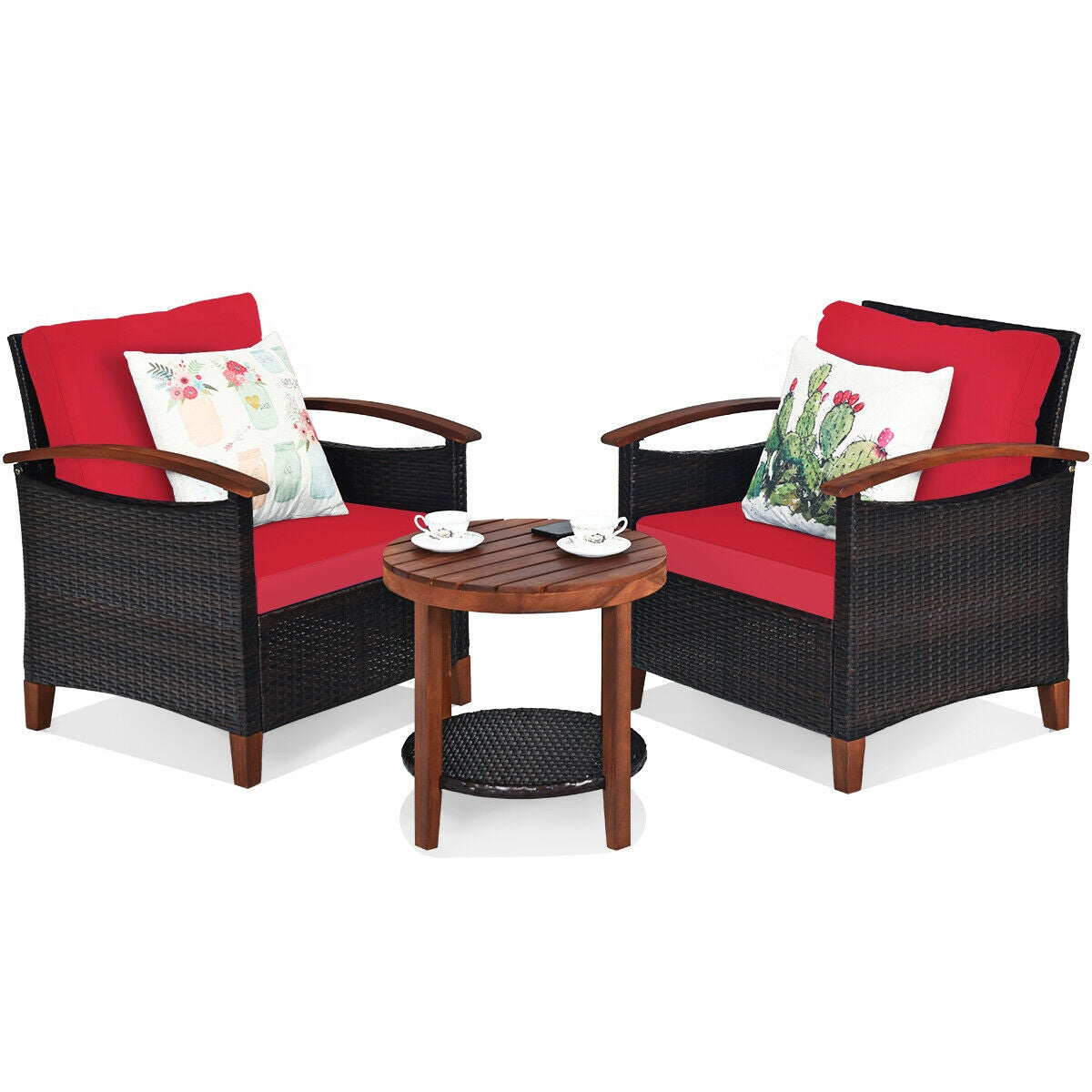 3 Piece Solid Wood Frame Patio Rattan Furniture Set with Red Cushions, displaying an inviting seating area with two red-cushioned chairs, wooden accents, and tea cups on the table.