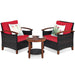 3 Piece Solid Wood Frame Patio Rattan Furniture Set with Red Cushions, displaying an inviting seating area with two red-cushioned chairs, wooden accents, and tea cups on the table.
