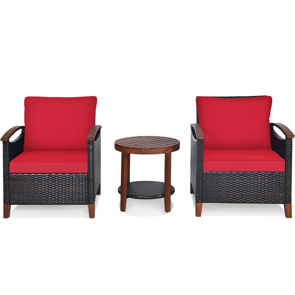 Elegant 3 Piece Solid Wood Frame Patio Rattan Furniture Set with Red Cushions, featuring two chairs and a coffee table on a white background.