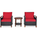 Elegant 3 Piece Solid Wood Frame Patio Rattan Furniture Set with Red Cushions, featuring two chairs and a coffee table on a white background.