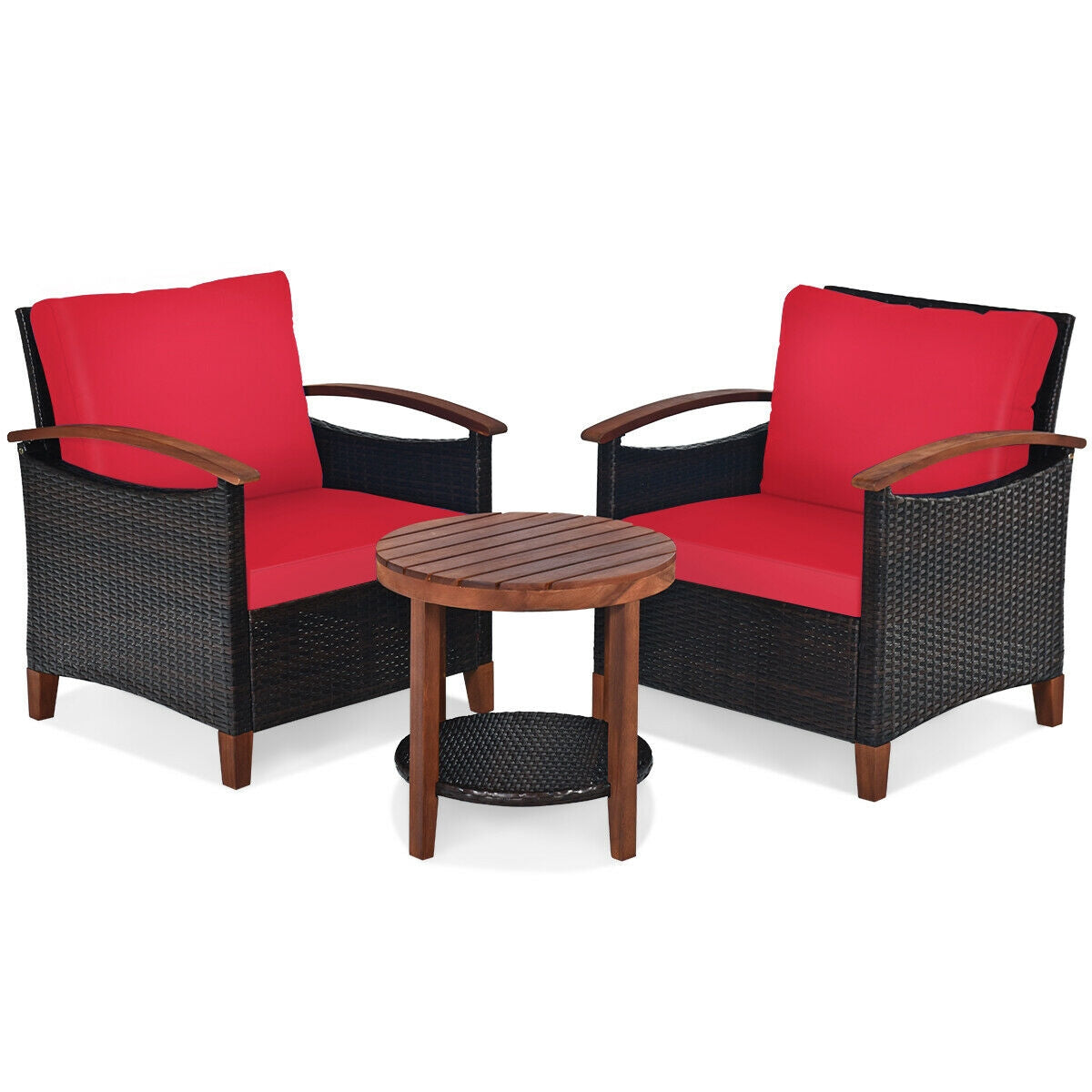 3 Piece Solid Wood Frame Patio Rattan Furniture Set with Red Cushions, showcasing a stylish arrangement of two armchairs and a wooden coffee table set against a white background.