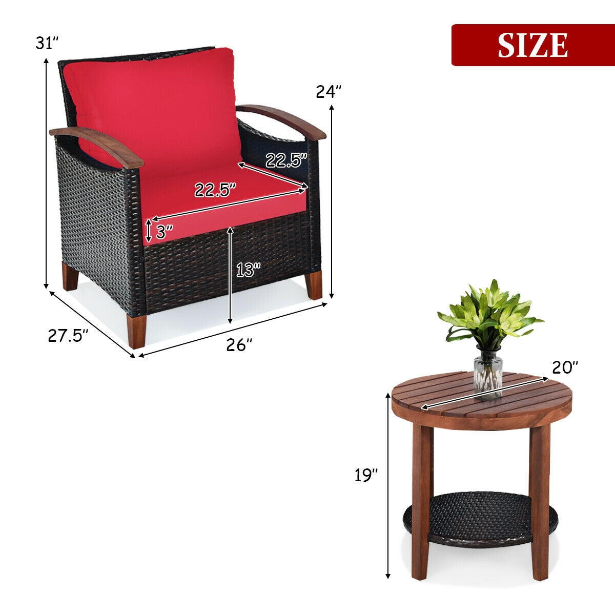 Dimensions graphic for the 3 Piece Solid Wood Frame Patio Rattan Furniture Set with Red Cushions, showing chair and table sizes.