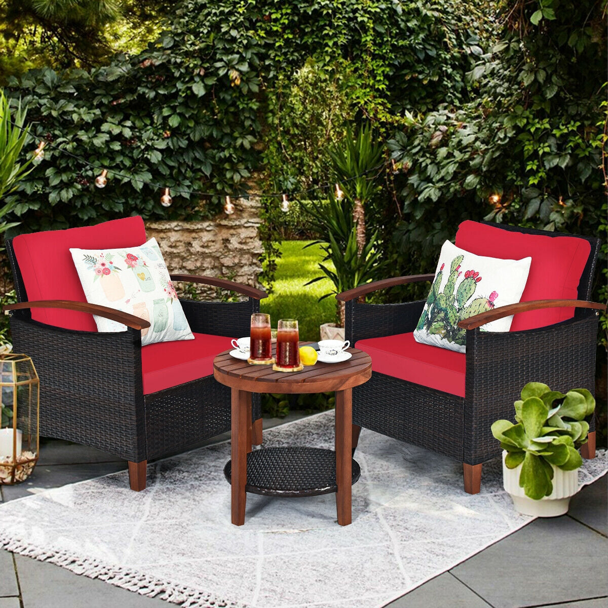3 Piece Solid Wood Frame Patio Rattan Furniture Set with Red Cushions, featuring two rattan chairs with vibrant red cushions, a wooden coffee table, and a cozy garden backdrop.