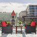 3 Piece Solid Wood Frame Patio Rattan Furniture Set with Red Cushions showcased on a balcony, featuring stylish chairs and a coffee table, perfect for outdoor relaxation.