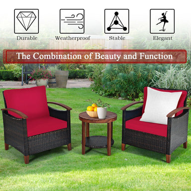 3 Piece Solid Wood Frame Patio Rattan Furniture Set with Red Cushions in a garden setting, showcasing durable and stylish outdoor furniture.