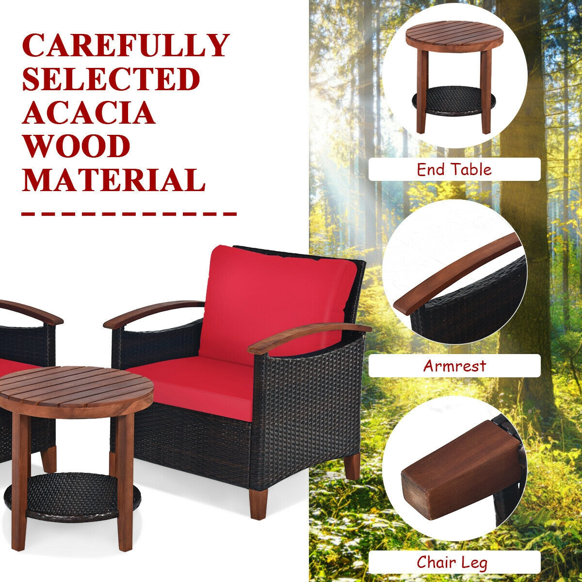 Close-up of the 3 Piece Solid Wood Frame Patio Rattan Furniture Set with Red Cushions highlighting carefully selected acacia wood material.