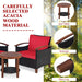 Close-up of the 3 Piece Solid Wood Frame Patio Rattan Furniture Set with Red Cushions highlighting carefully selected acacia wood material.
