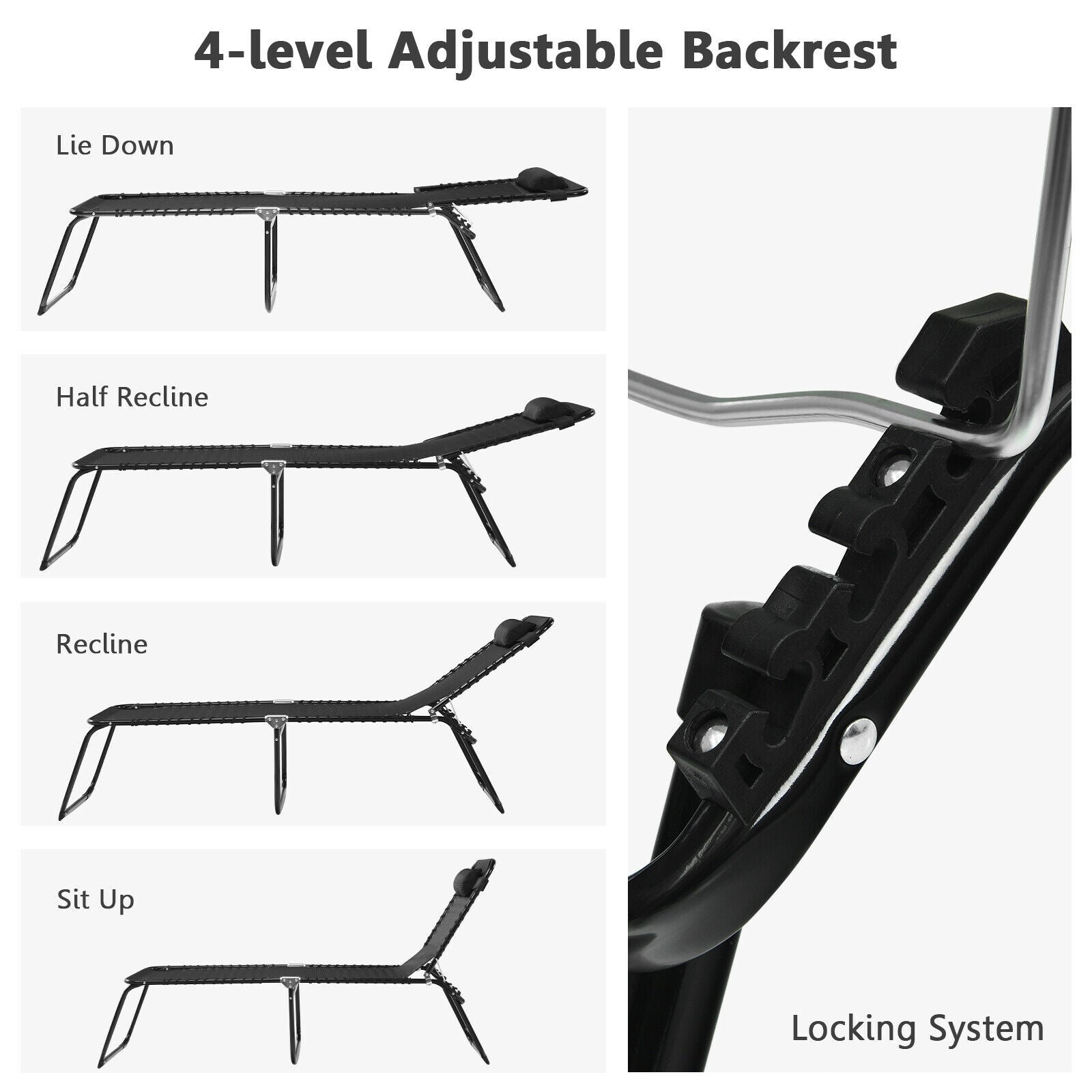 Adjustable Folding Beach Lounge Chair with Pillow, featuring a 4-level adjustable backrest, demonstrating versatility for various relaxation positions.