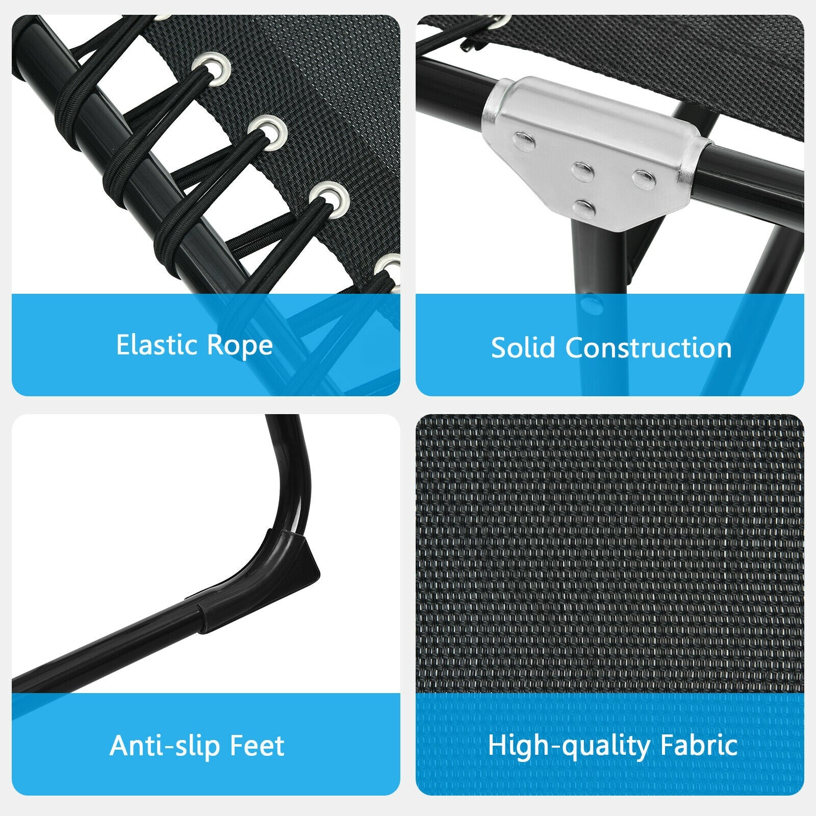 Close-up details of the Adjustable Folding Beach Lounge Chair with Pillow highlighting features like solid construction, elastic rope support, anti-slip feet, and high-quality fabric.