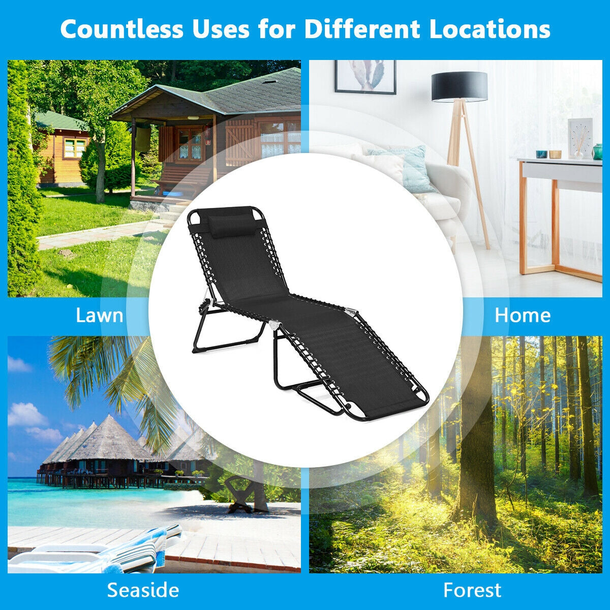 Adjustable Folding Beach Lounge Chair with Pillow in various outdoor and indoor settings. The image shows the versatility of the chair for use at home, by the seaside, or in a forest.