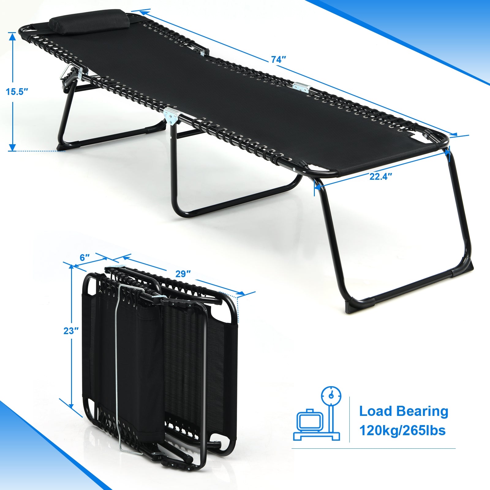 Detailed view of the Adjustable Folding Beach Lounge Chair with Pillow showcasing size dimensions and compact folding capabilities.