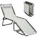 Gray Folding Chaise Lounge Chair with Adjustable Backrest, Pillow, and High Load Capacity 265 lbs displayed in an unfolded position next to a folded version.