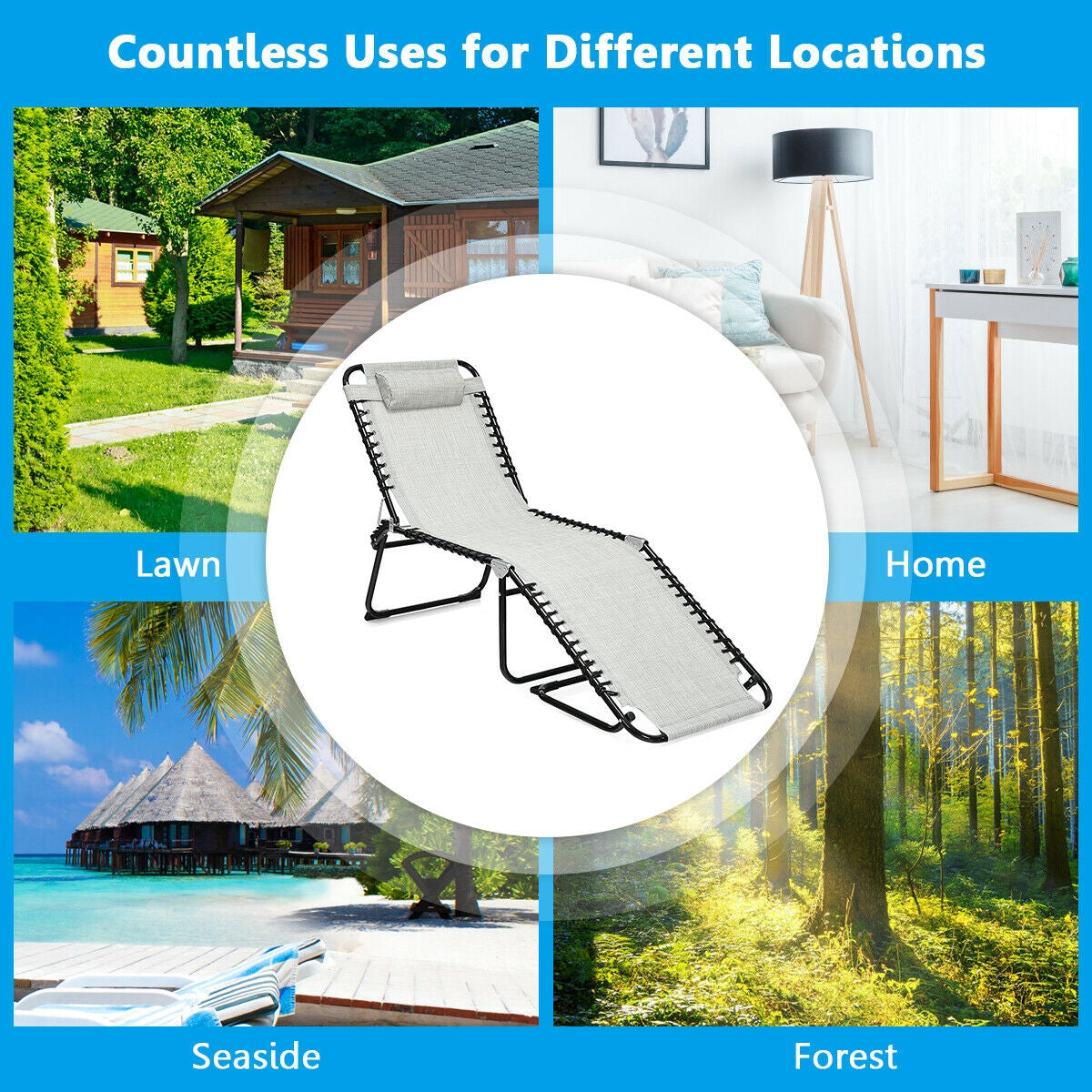 Gray Folding Chaise Lounge Chair with Adjustable Backrest, Pillow, and High Load Capacity 265 lbs shown in various scenic outdoor locations, such as a lawn, seaside, home, and forest.