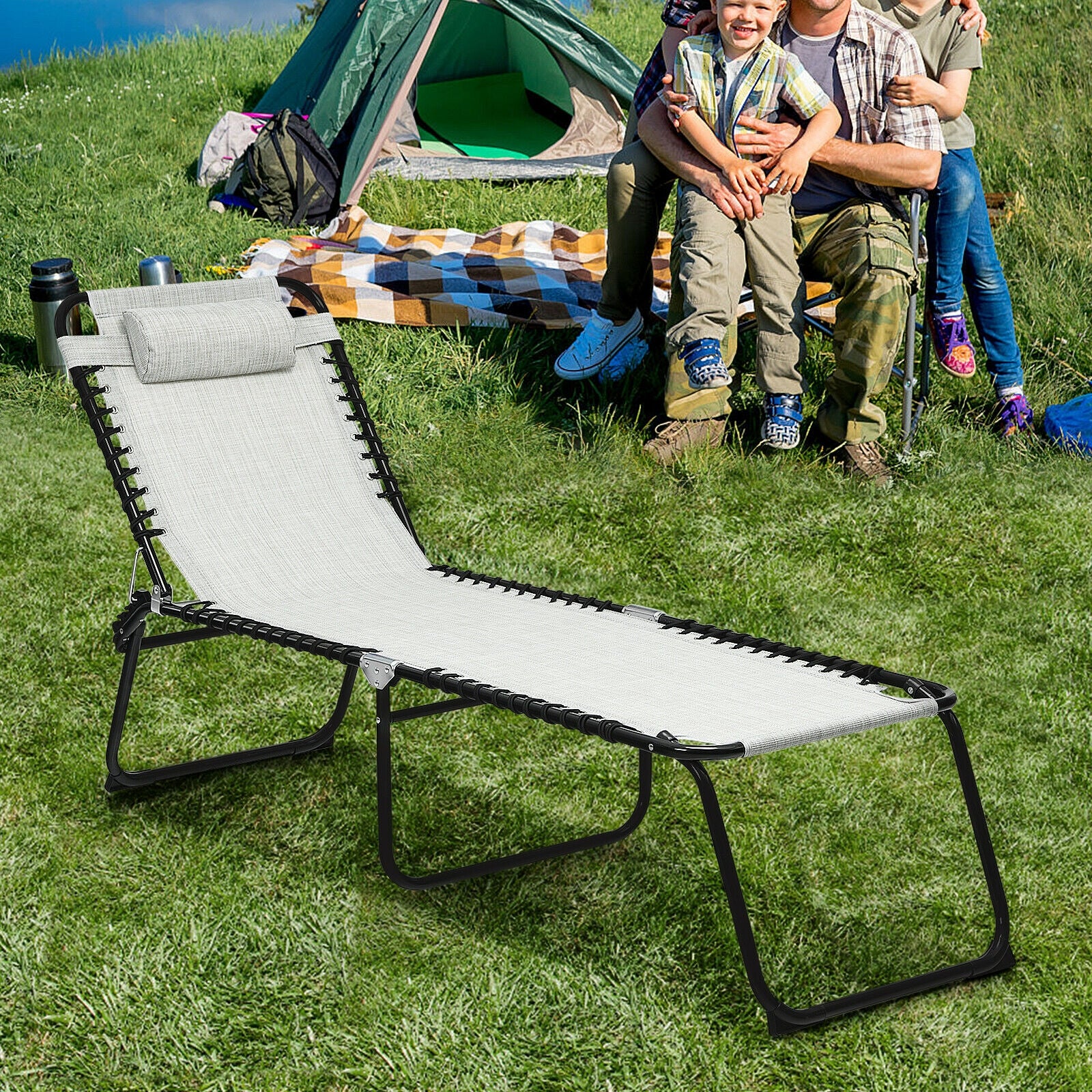 Gray Folding Chaise Lounge Chair with Adjustable Backrest, Pillow, and High Load Capacity 265 lbs, perfect for family camping, offering style and comfort outdoors.