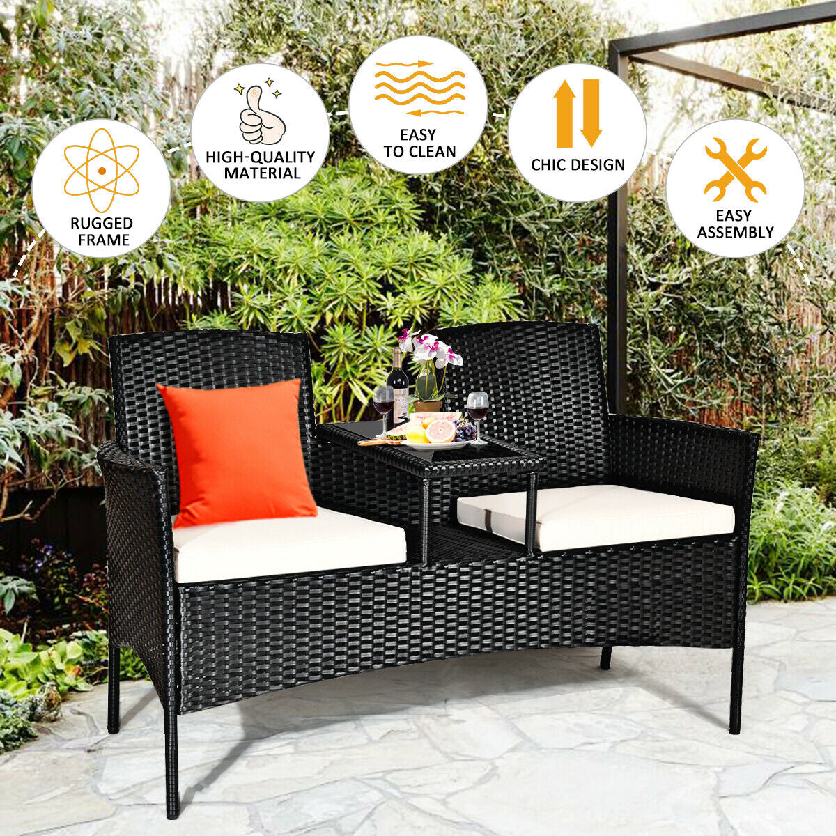 Dream Yard Oasis 3-Piece Wicker Patio Conversation Set with Removable Cushions & Glass Table - White, featuring a stylish outdoor seating setup among greenery, highlighting its modern design and comfort.