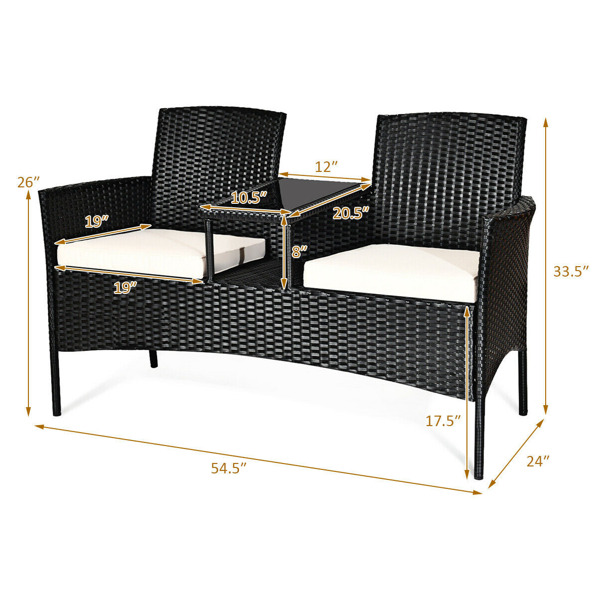 Dream Yard Oasis 3-Piece Wicker Patio Conversation Set dimensions with a glass top table and removable cushions, perfect for outdoor relaxation.