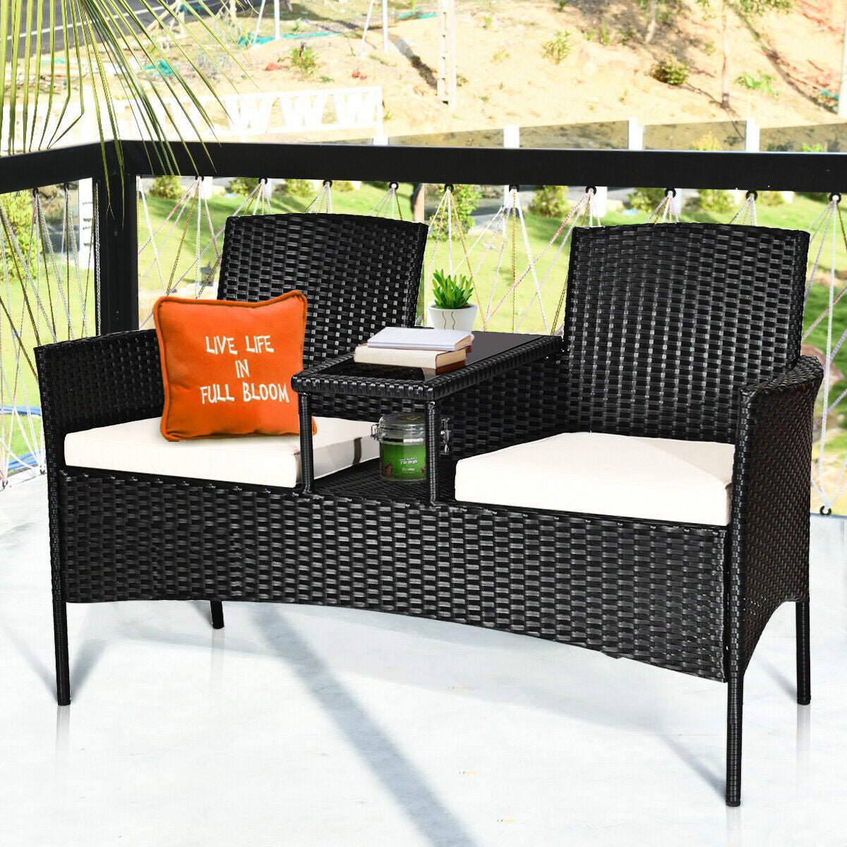Dream Yard Oasis 3-Piece Wicker Patio Conversation Set with Removable Cushions & Glass Table - White, showcasing a cozy seating arrangement with two wicker chairs, soft beige cushions, and a small central table with decorative items.