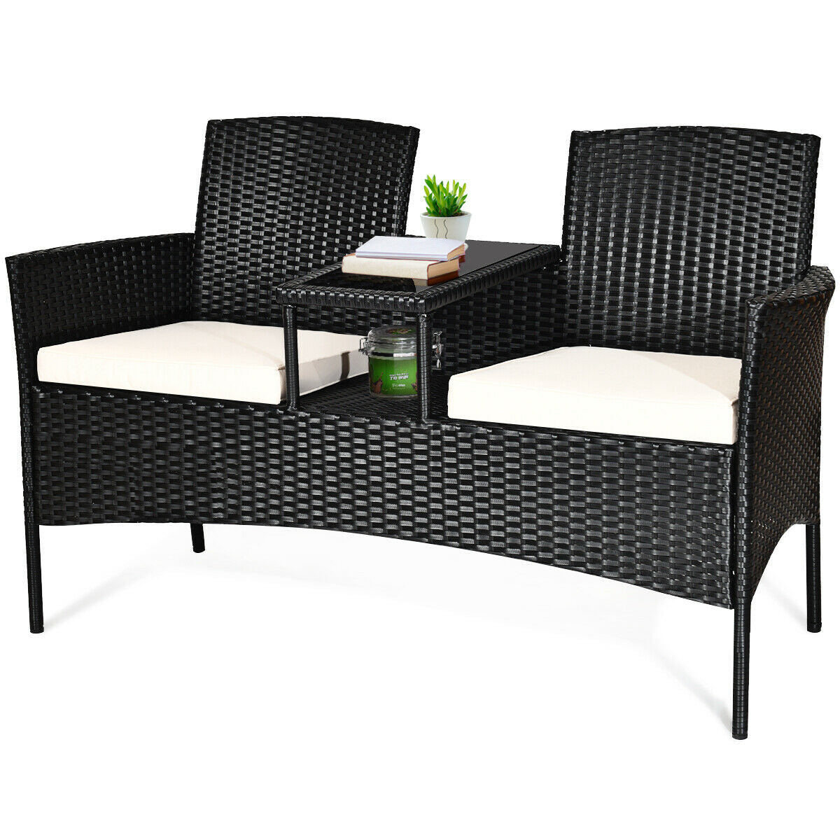 Dream Yard Oasis 3-Piece Wicker Patio Conversation Set featuring a stylish black rattan design with removable white cushions and a glass table in the center, perfect for outdoor relaxation.