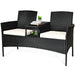 Dream Yard Oasis 3-Piece Wicker Patio Conversation Set featuring a stylish black rattan design with removable white cushions and a glass table in the center, perfect for outdoor relaxation.