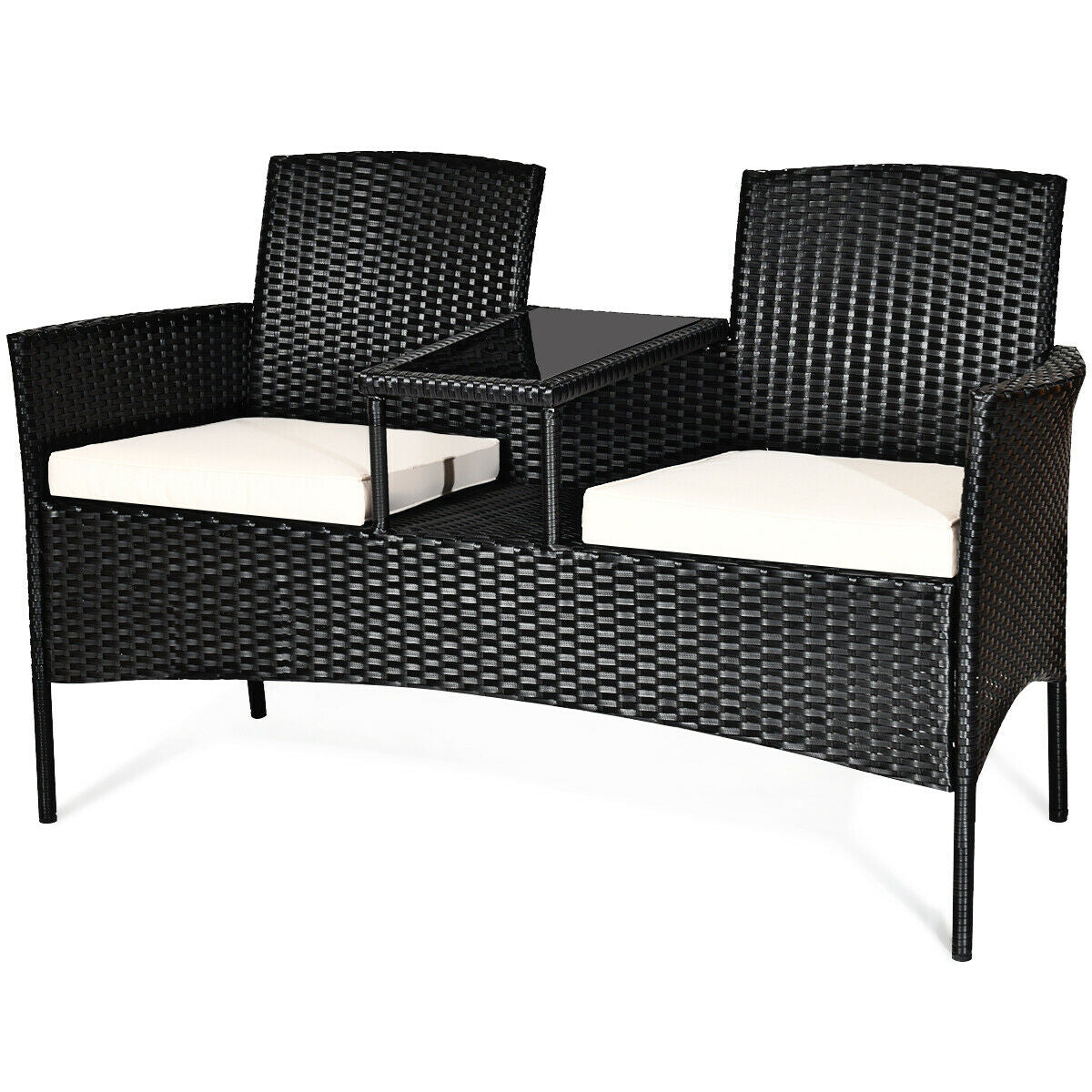Dream Yard Oasis 3-Piece Wicker Patio Conversation Set with Removable Cushions & Glass Table - White, displaying a close-up of the wicker chairs and glass table, emphasizing the quality and chic style perfect for outdoor relaxation.
