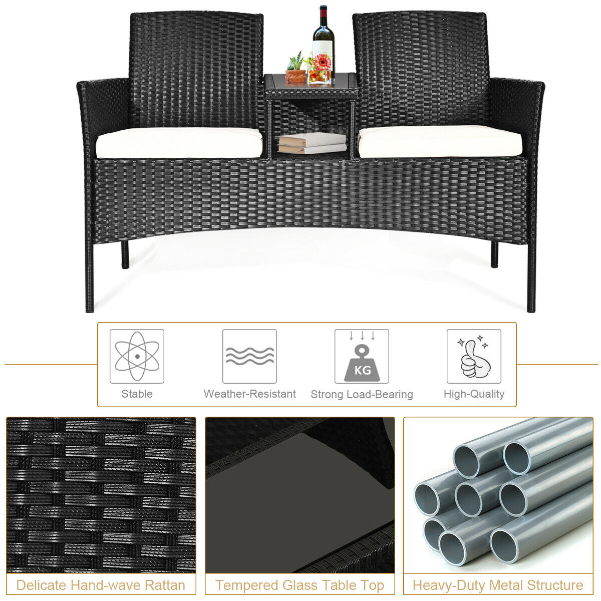 Close-up view of Dream Yard Oasis Wicker Patio Conversation Set showcasing its weather-resistant rattan texture and details on its sturdy construction.