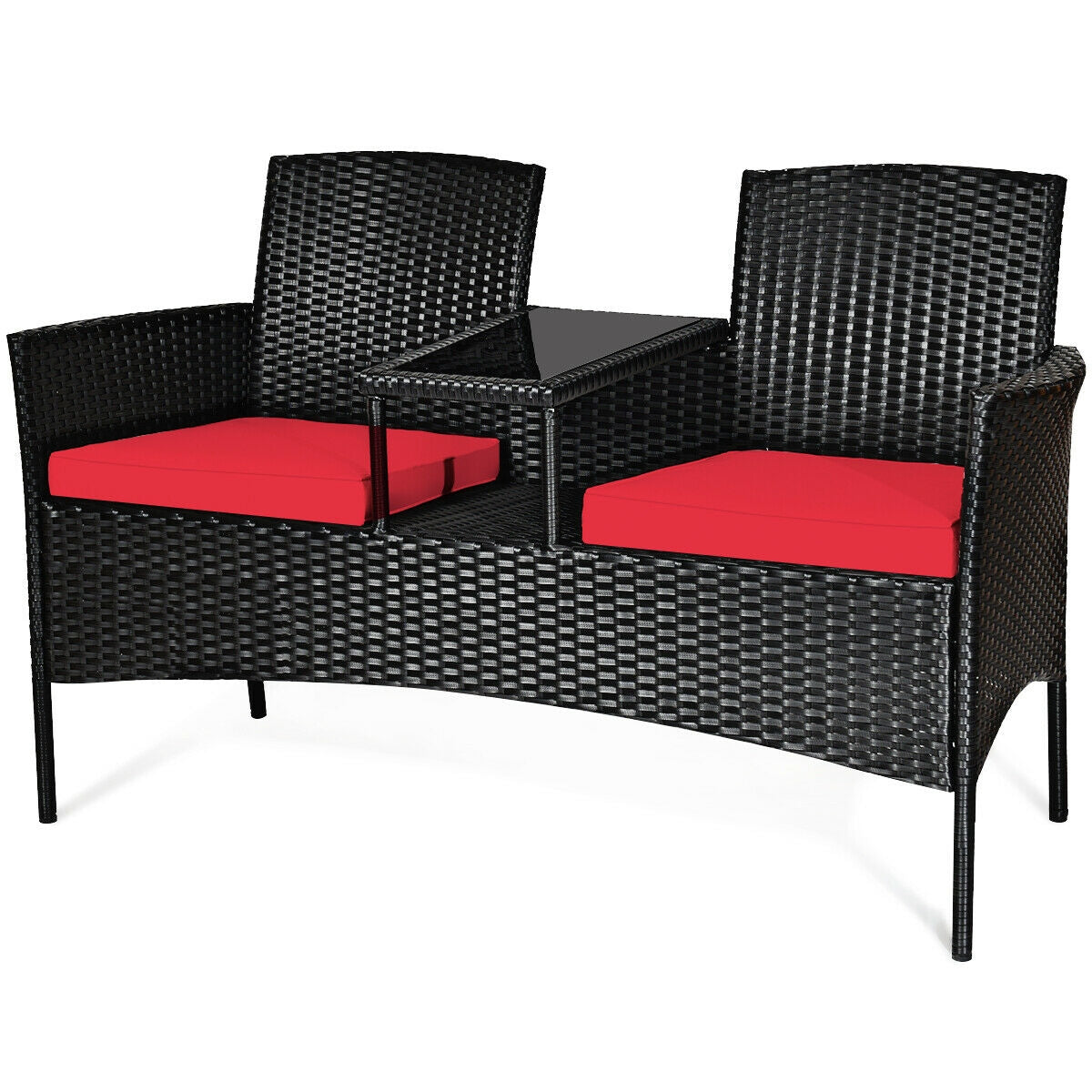 Elegant 2-Piece Wicker Patio Conversation Set with Removable Cushions & Glass Table - Red, highlighting the chic design and comfortable seating arrangement.