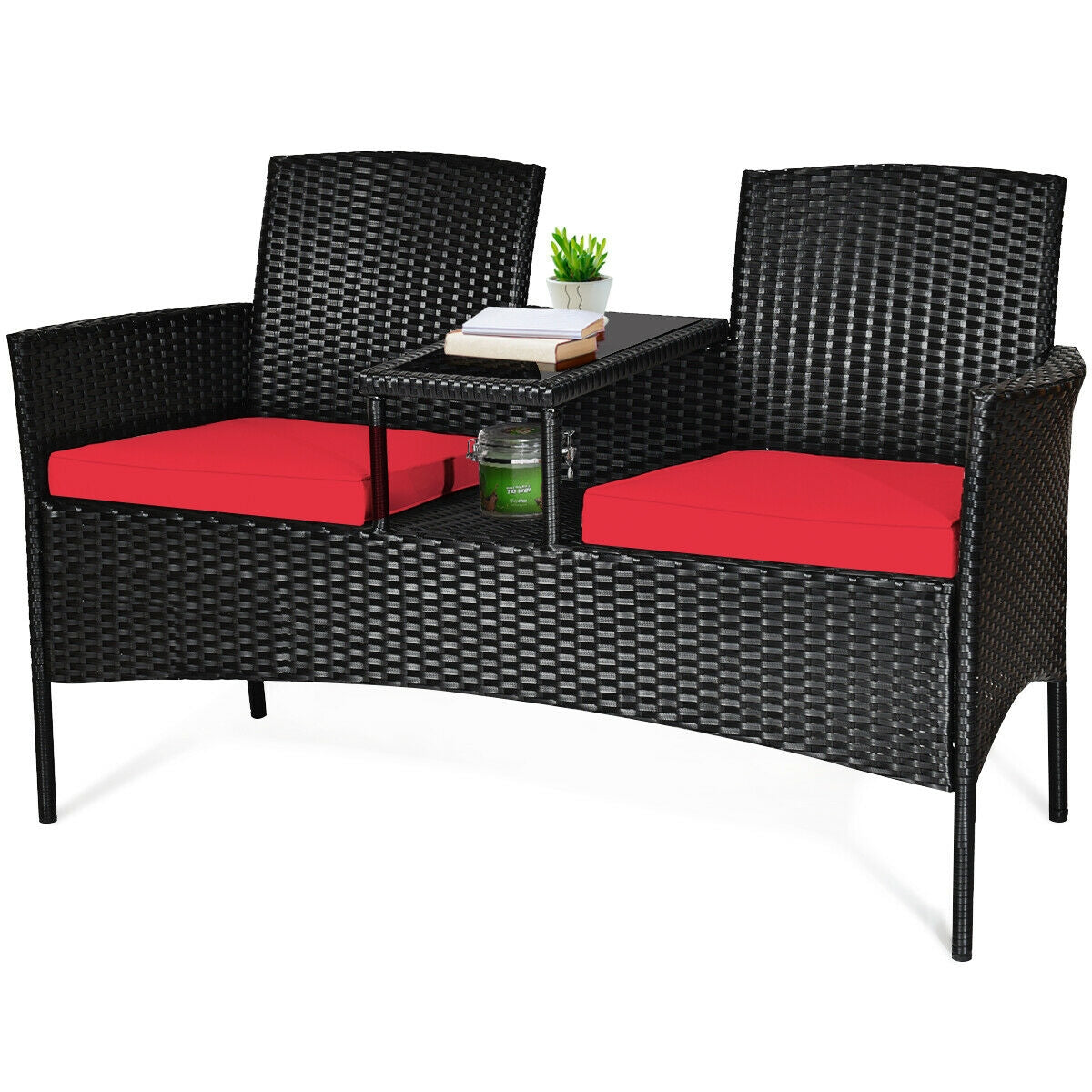 Stylish 2-Piece Wicker Patio Conversation Set with Removable Cushions & Glass Table - Red, showcased with decorative plants and books.