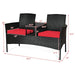 Detailed view of the 2-Piece Wicker Patio Conversation Set with Removable Cushions & Glass Table - Red, displaying dimensions and features for easy setup.