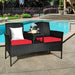 Relaxing 2-Piece Wicker Patio Conversation Set with Removable Cushions & Glass Table - Red, perfect for poolside gatherings with drinks and snacks.