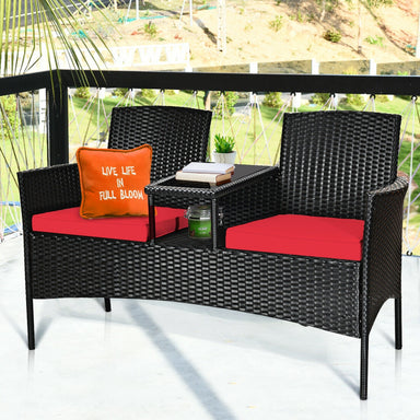 Cozy 2-Piece Wicker Patio Conversation Set with Removable Cushions & Glass Table - Red, featuring vibrant red cushions and a stylish black wicker design.